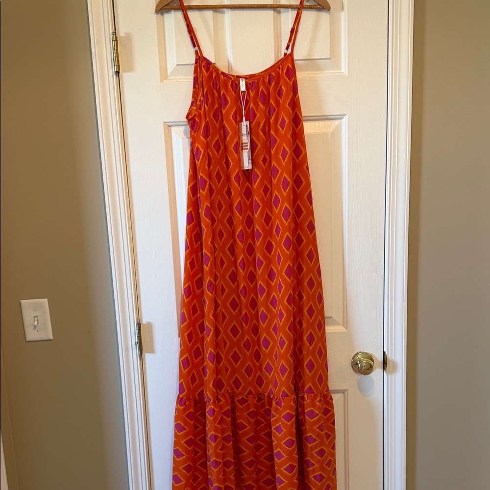Sleeveless Orange & Pink Geometric Maxi Dress